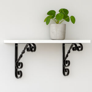7"x24" White Shelf Kit with Black Metal Scroll Brackets