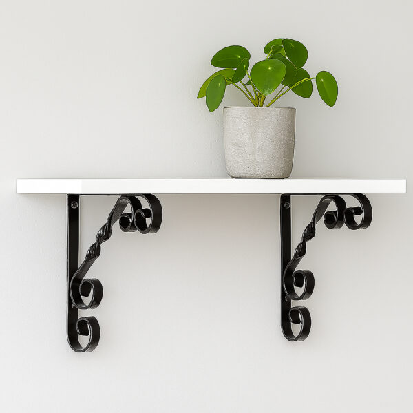 7"x24" White Shelf Kit with Black Metal Scroll Brackets