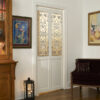 Bistro Decorative Glass Bifold Door with Gray and White Design