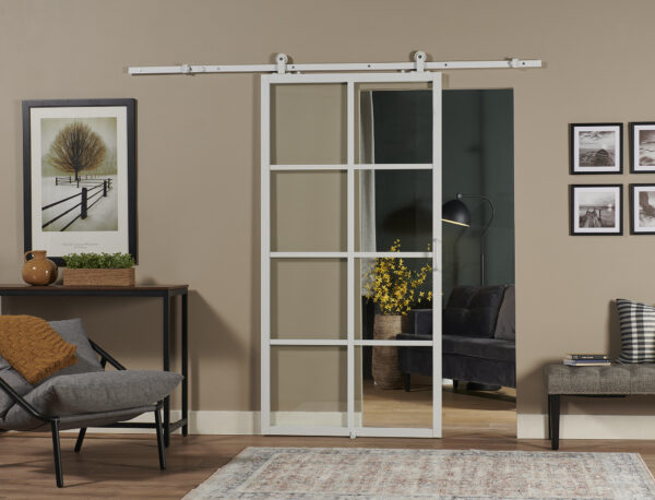 French Glass Barn Door with White Aluminum Frame 42x84 - Image 5