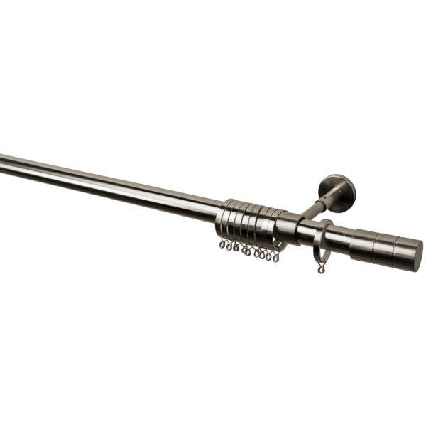 Intensions Brushed Nickel 95 Inch Single Metal Curtain Rod Kit with Cylinder Finials, Adjustable Brackets and Rings