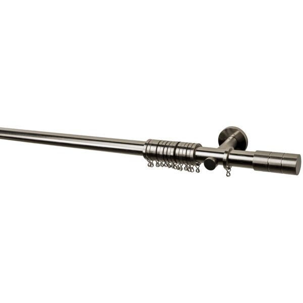 Intensions Brushed Nickel 95 Inch Single Metal Curtain Rod Kit with Cylinder Finials, Open Brackets and Rings