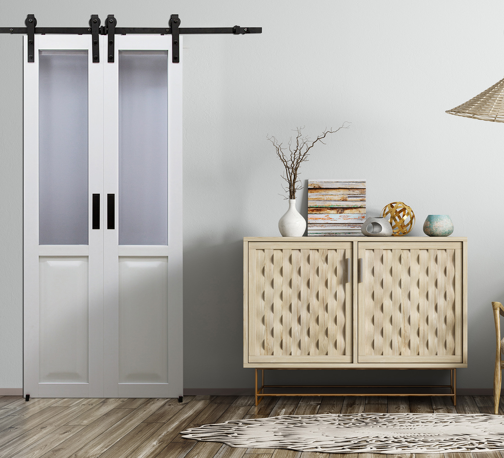 Millbrooke 36x84 Center Opening Vinyl Barn Door Kit with Frosted Panels - Image 2