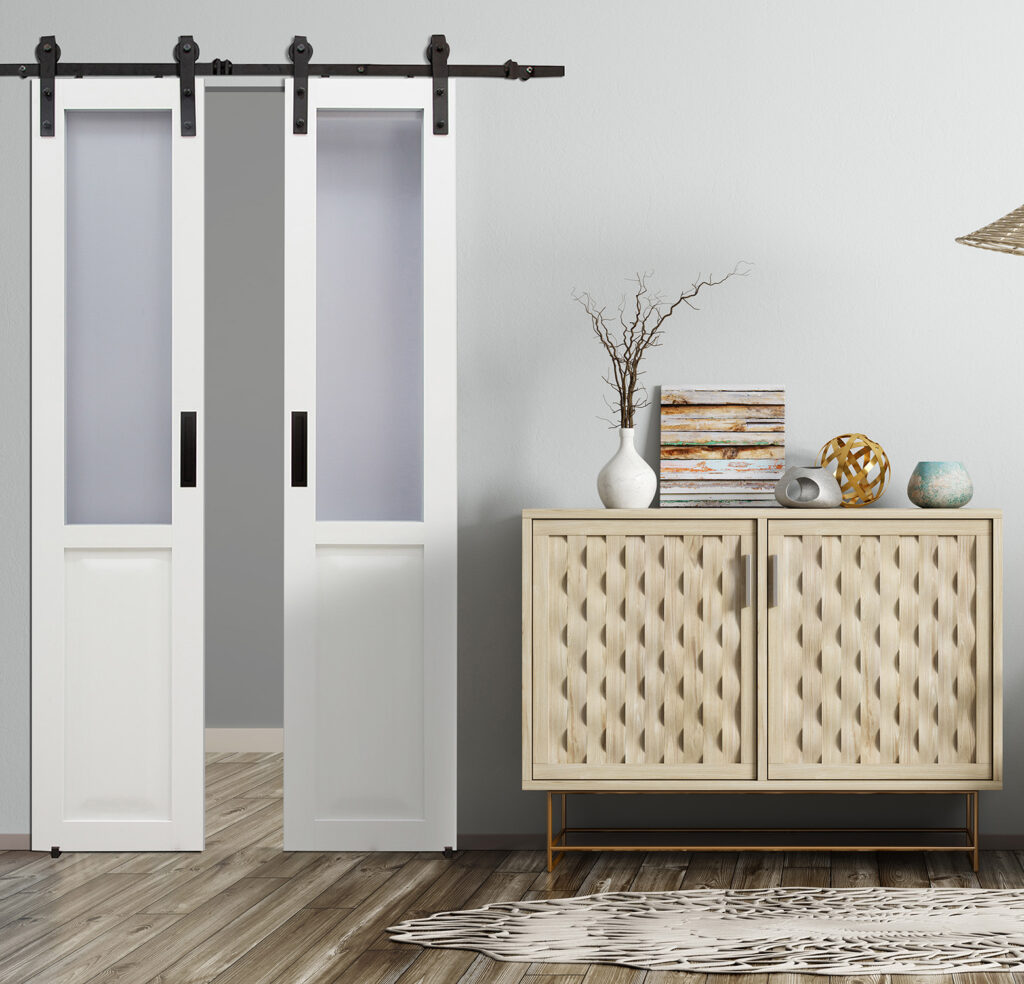 Millbrooke 36x84 Center Opening Vinyl Barn Door Kit with Frosted Panels